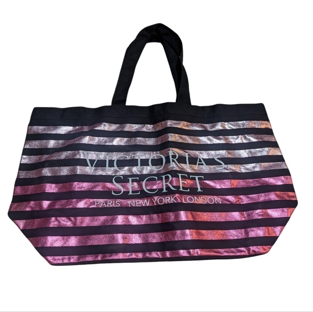 VS Large Canvas Striped Tote Bag Metallic Pink Ombre Beach Travel Weekender